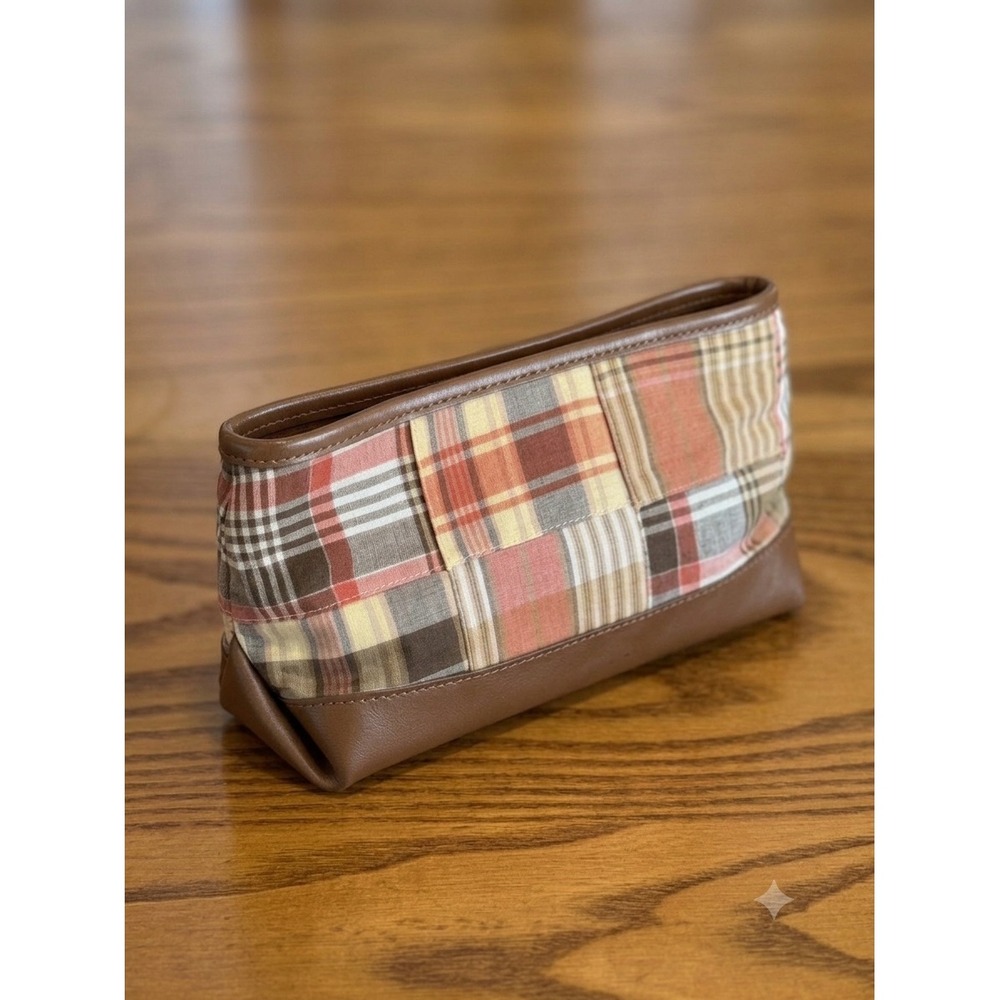 Ann Taylor LOFT Patchwork Plaid Cosmetic Bag Brown‎ Faux Leather Trim Clutch